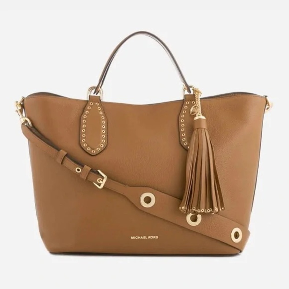 Michael Kors Brooklyn Brown Pebbled Genuine Leather Satchel Gold Tassel Accents